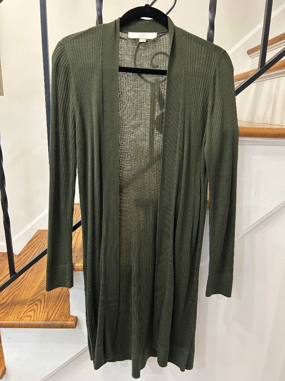 LOFT Olive Green Ribbed Long Open Front Cardigan Sweater M